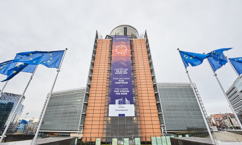 The Berlaymont building with a banner of the new Commission of Ursula von der Leyen